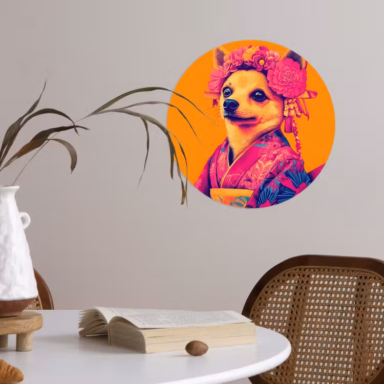 Kimono - Hondje - Bloemenkroon - Oranje Wandcirkel behangsticker klein -sfeer3