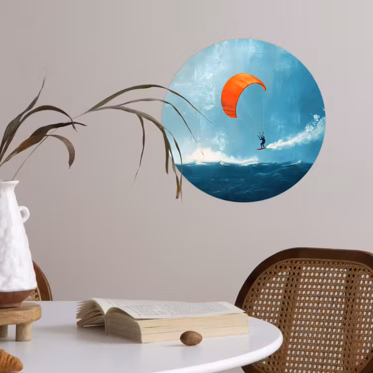 Kitesurfer - Oranje - Zee - Lucht Wandcirkel behangsticker klein -sfeer3