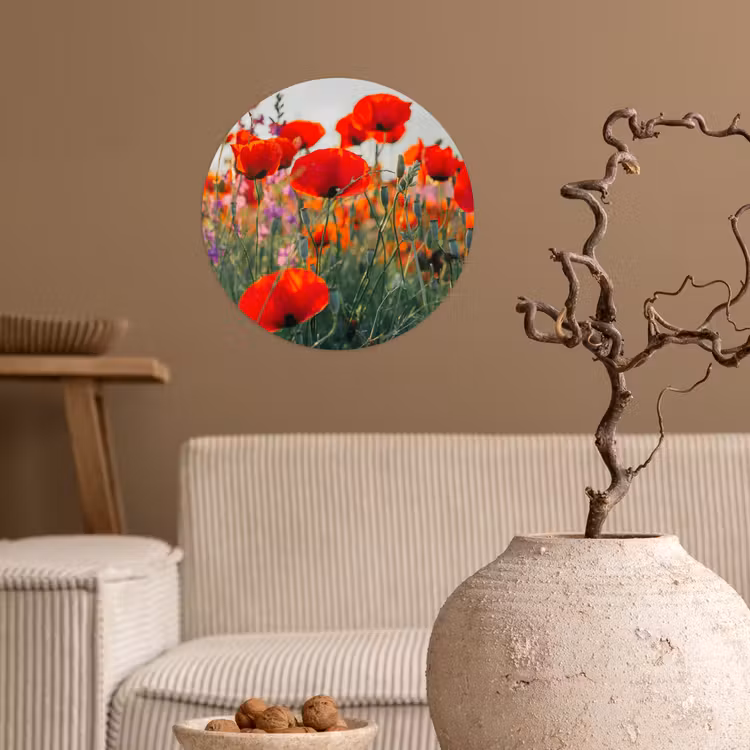Klaproos - Bloemen - Rood - Paars - Weide Wandcirkel behangsticker klein -sfeer1