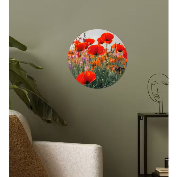 Klaproos - Bloemen - Rood - Paars - Weide Wandcirkel behangsticker klein -sfeer2