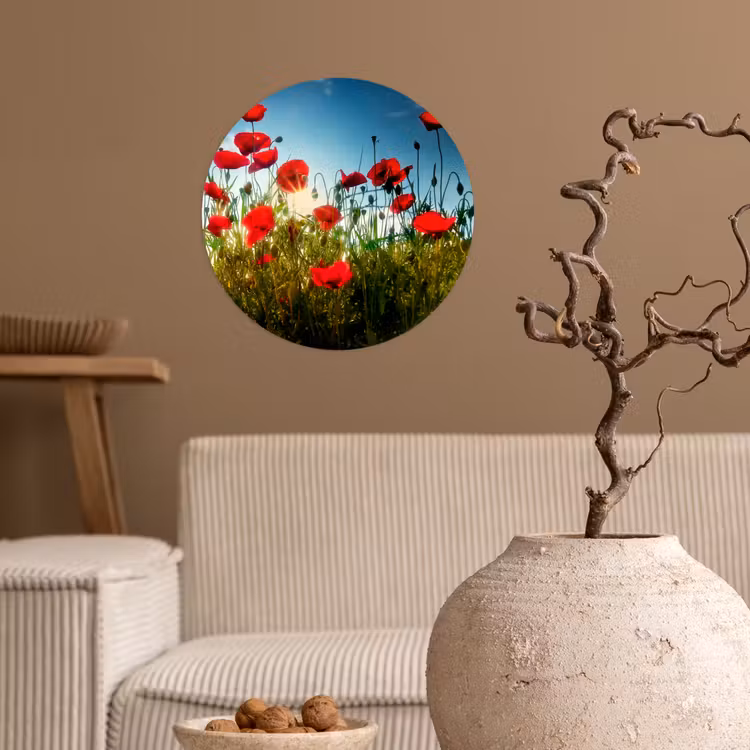 Klaprozen - Toscane - Zon - Rood - Blauw Wandcirkel behangsticker klein -sfeer1