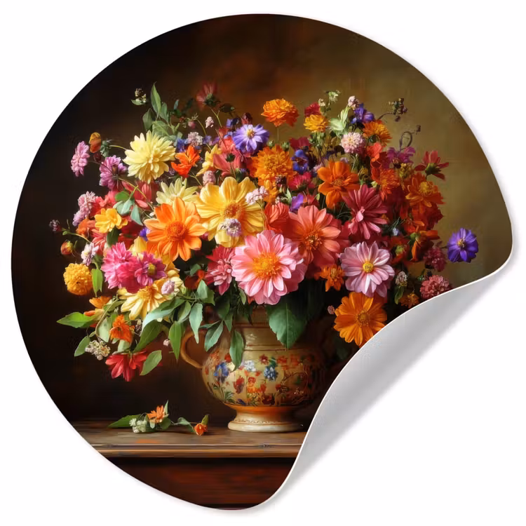 Kleuren - Boeket - Vaas - Hout Wandcirkel behangsticker klein -3d