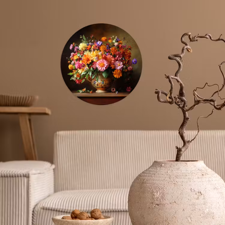 Kleuren - Boeket - Vaas - Hout Wandcirkel behangsticker klein -sfeer1