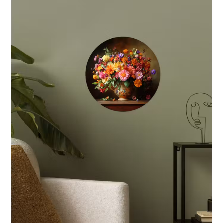 Kleuren - Boeket - Vaas - Hout Wandcirkel behangsticker klein -sfeer2