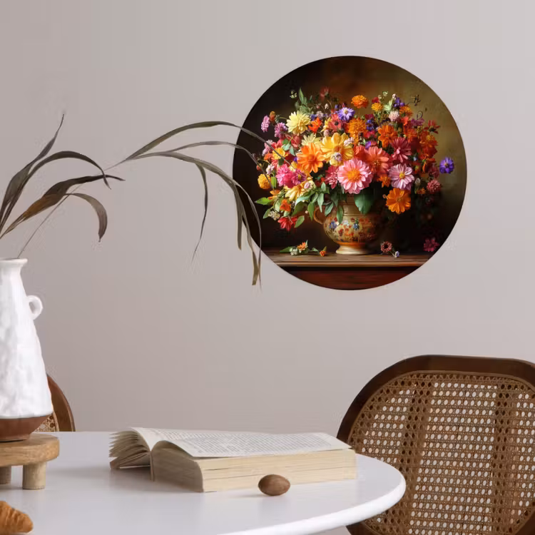 Kleuren - Boeket - Vaas - Hout Wandcirkel behangsticker klein -sfeer3
