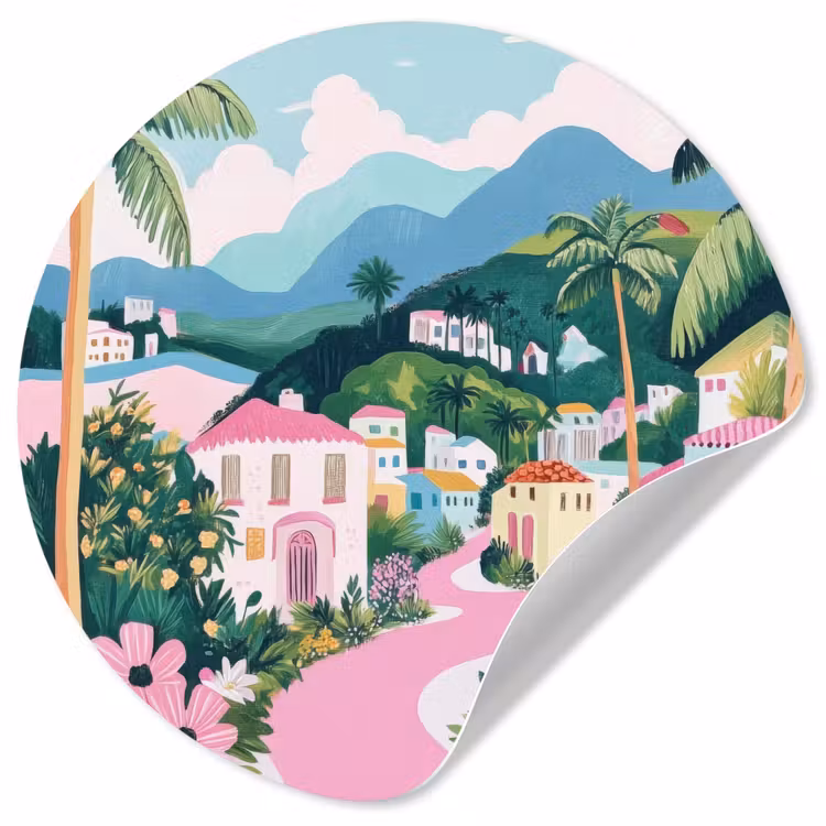 Kleurrijk - Huizen - Heuvels - Roze Wandcirkel behangsticker klein -3d