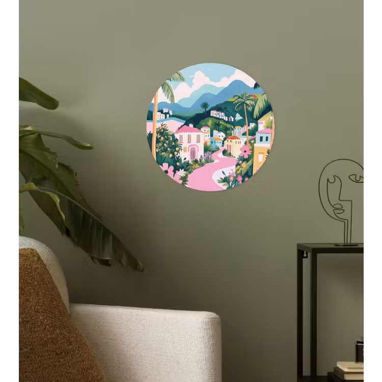 Kleurrijk - Huizen - Heuvels - Roze Wandcirkel behangsticker klein -sfeer2