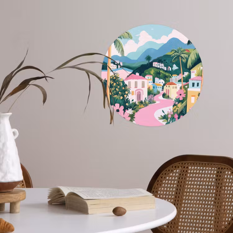 Kleurrijk - Huizen - Heuvels - Roze Wandcirkel behangsticker klein -sfeer3