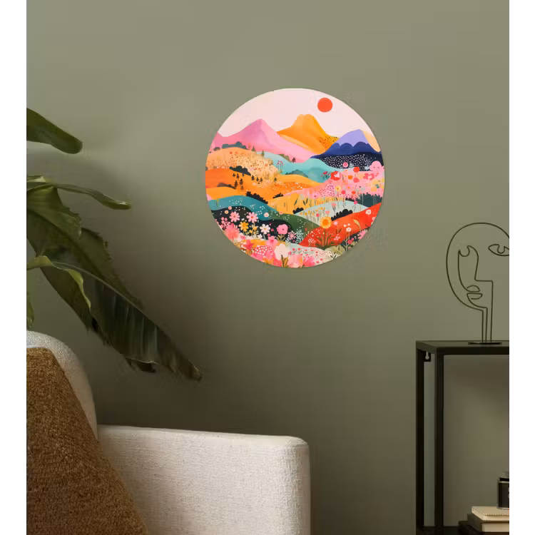 Kleurrijke bloemen - Bergen - Fantasielandschap Wandcirkel behangsticker klein -sfeer2