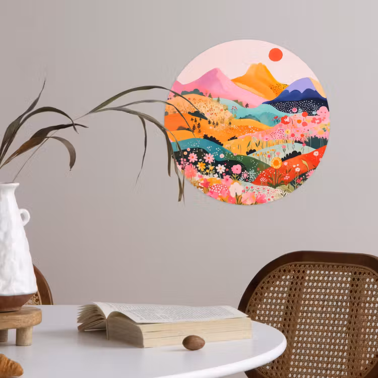 Kleurrijke bloemen - Bergen - Fantasielandschap Wandcirkel behangsticker klein -sfeer3