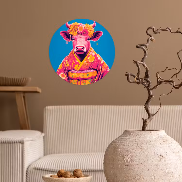 Koe - Bloemenkrans - Oorhangers - Kimono Wandcirkel behangsticker klein -sfeer1