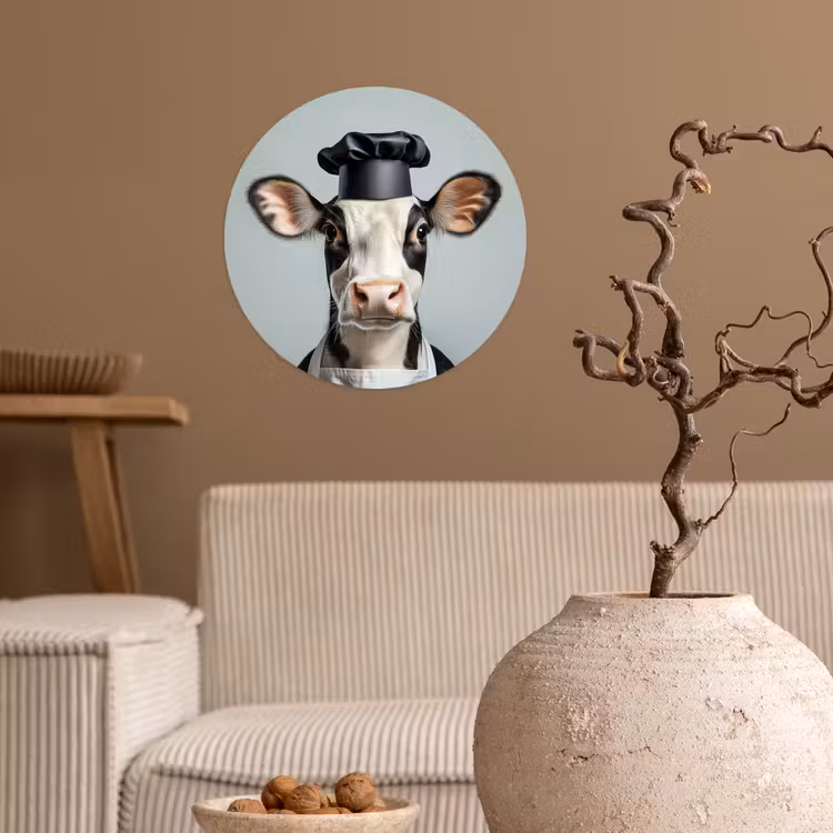 Koe - Zwart - Wit - Kok Wandcirkel behangsticker klein -sfeer1