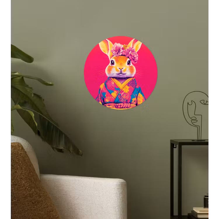 Konijn - Bloemen - Kleurrijk - Kimono Wandcirkel behangsticker klein -sfeer2