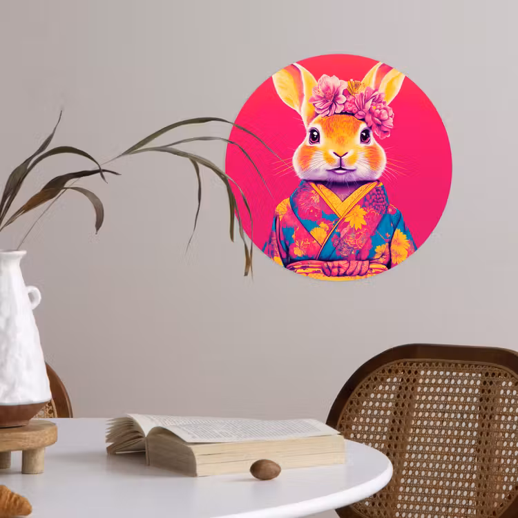 Konijn - Bloemen - Kleurrijk - Kimono Wandcirkel behangsticker klein -sfeer3
