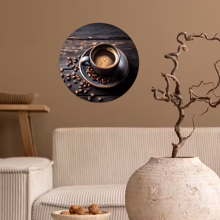 Kop - Koffie - Hout - Bonen Wandcirkel behangsticker klein -sfeer1