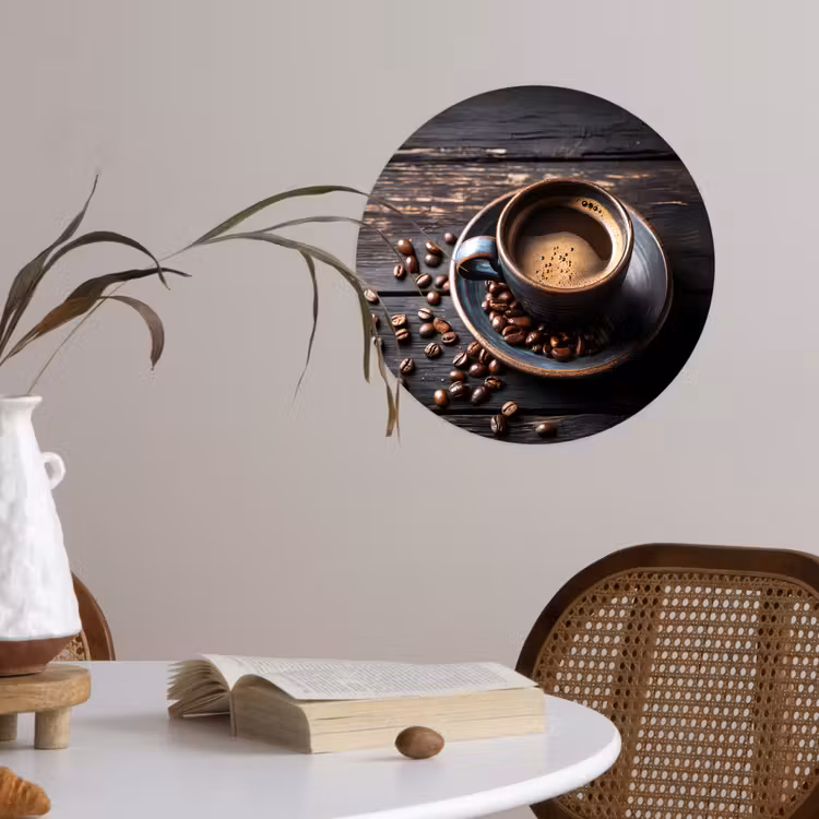 Kop - Koffie - Hout - Bonen Wandcirkel behangsticker klein -sfeer3