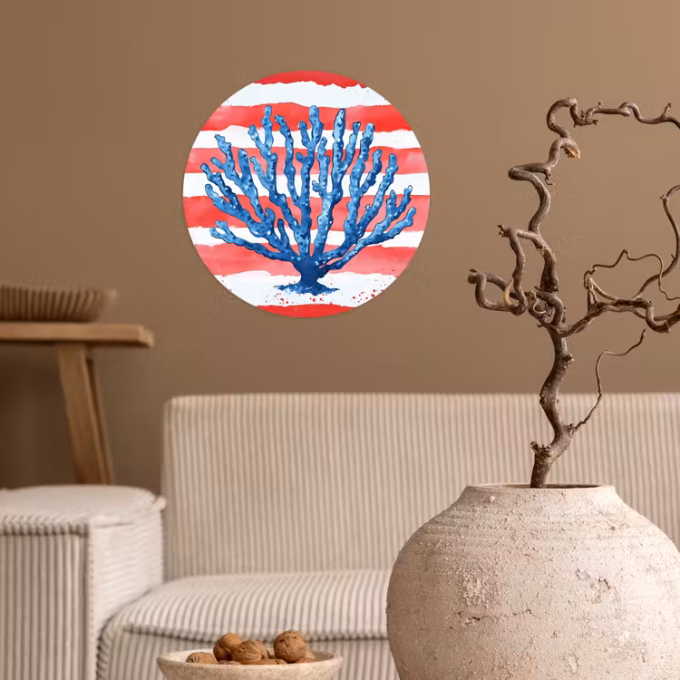 Koraal - Verfstructuur - Rood - Blauw Wandcirkel behangsticker klein -sfeer1
