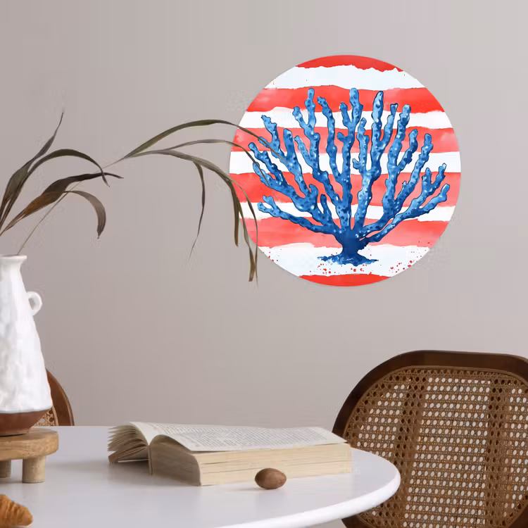Koraal - Verfstructuur - Rood - Blauw Wandcirkel behangsticker klein -sfeer3