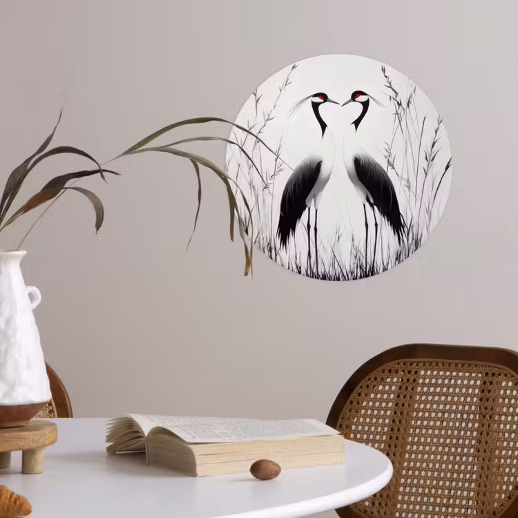 Kraanvogels - Gras - Hartvorm - Zwart Wandcirkel behangsticker klein -sfeer3