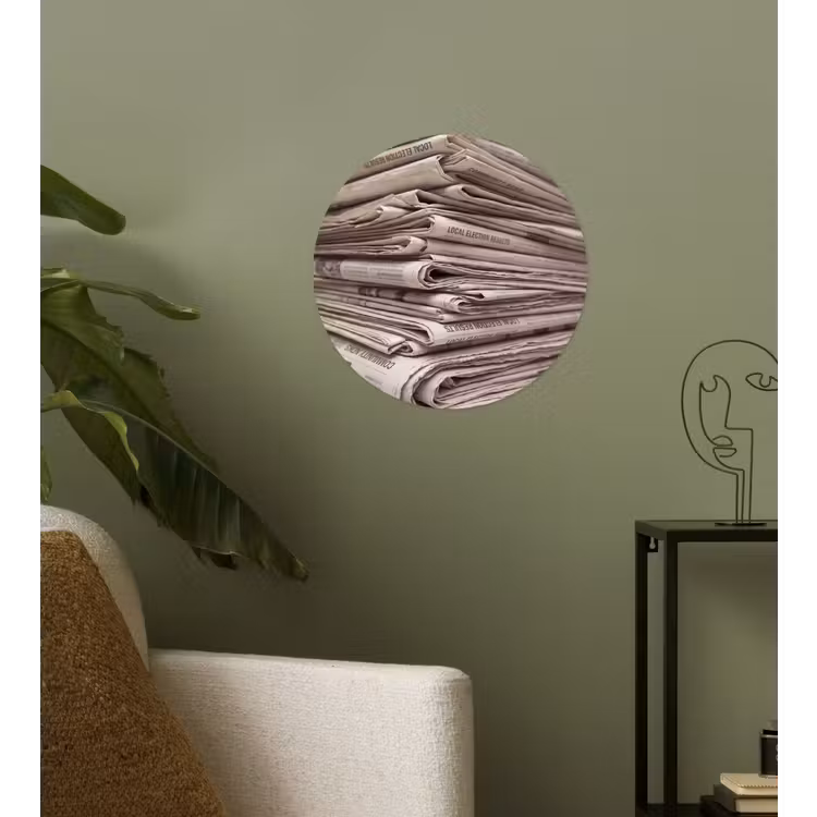 Kranten - Stapel - Nieuws - Vintage - Beige Wandcirkel behangsticker klein -sfeer2