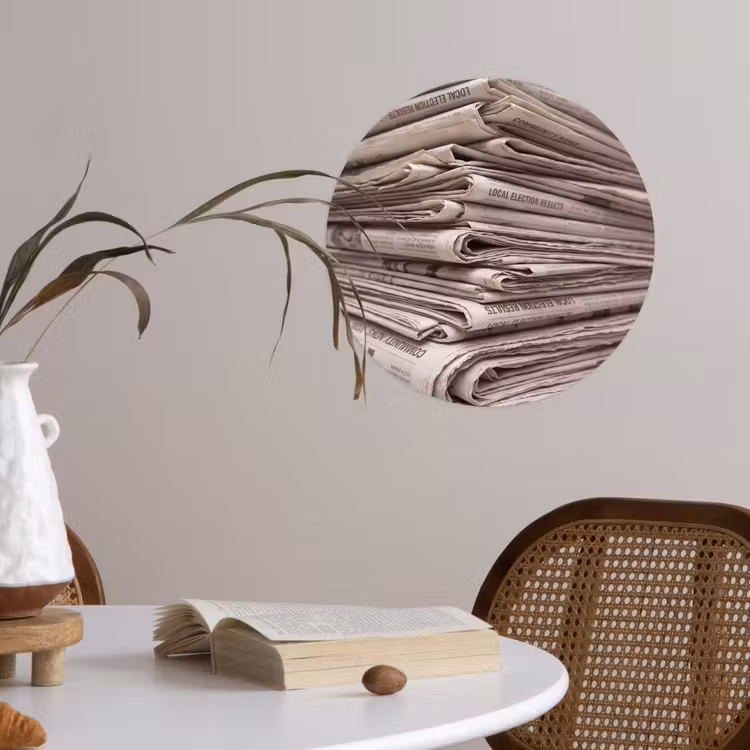 Kranten - Stapel - Nieuws - Vintage - Beige Wandcirkel behangsticker klein -sfeer3
