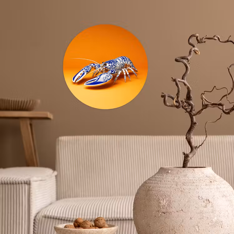Kreeft - Delftsblauw - Schild - Stoer - Oranje Wandcirkel behangsticker klein -sfeer1