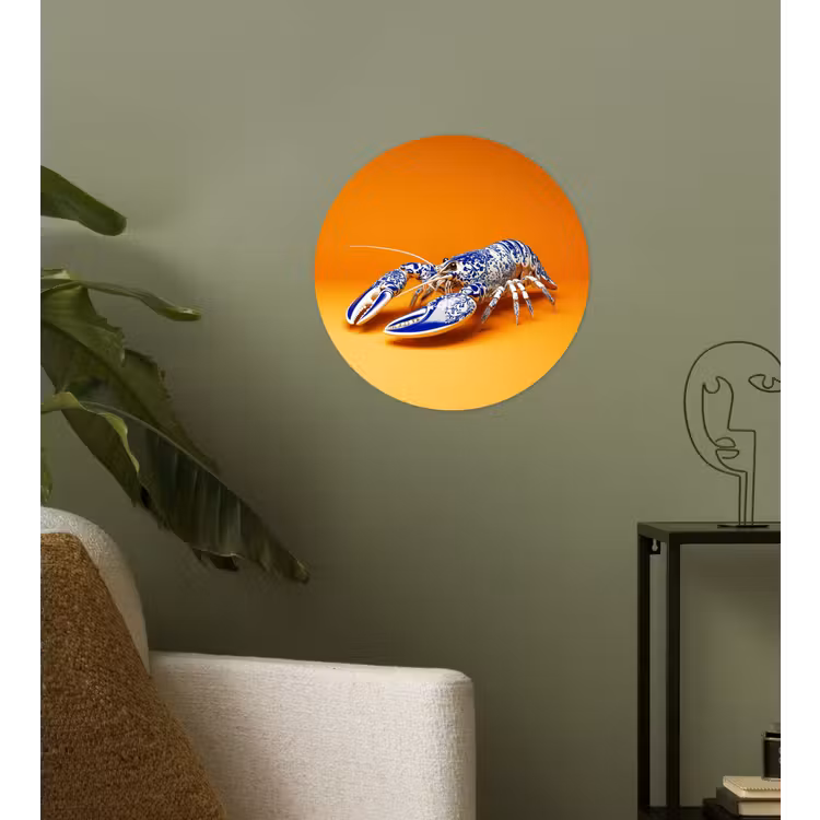 Kreeft - Delftsblauw - Schild - Stoer - Oranje Wandcirkel behangsticker klein -sfeer2