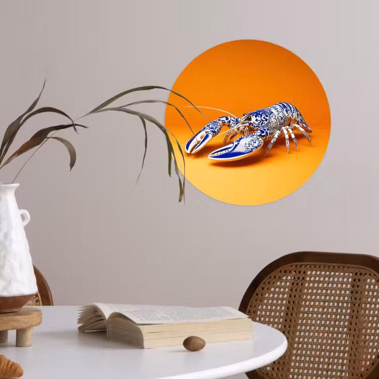 Kreeft - Delftsblauw - Schild - Stoer - Oranje Wandcirkel behangsticker klein -sfeer3
