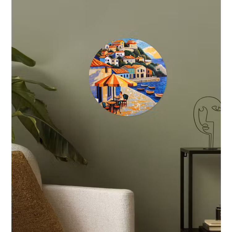 Kustdorp - Huisjes - Mozaïek - Zee Wandcirkel behangsticker klein -sfeer2