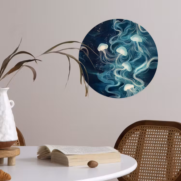 Kwallen - Zee - Wit - Golven Wandcirkel behangsticker klein -sfeer3