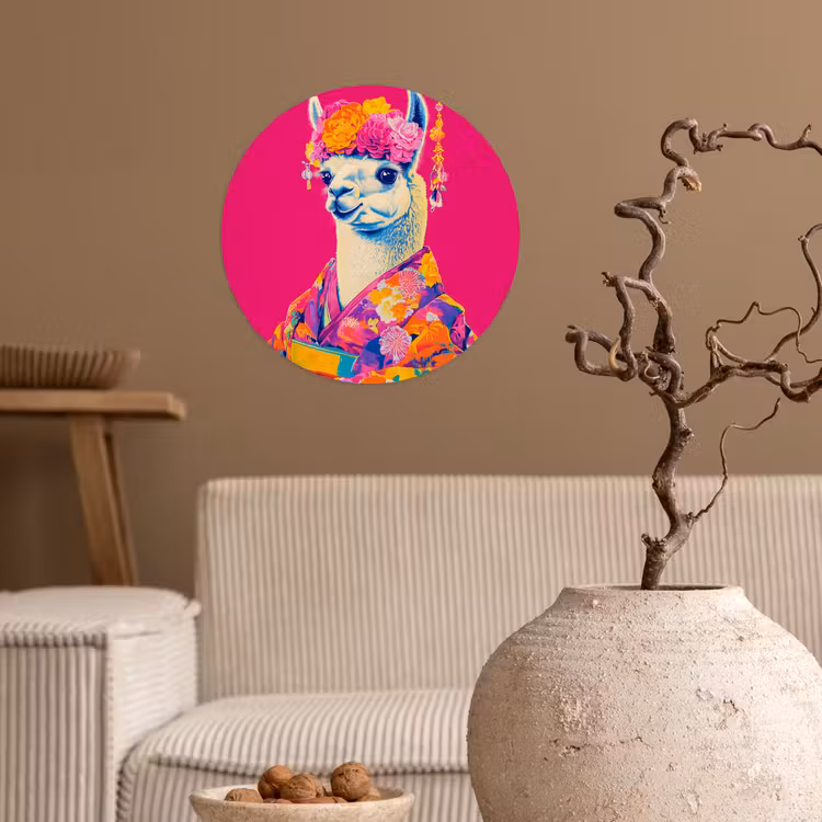 Lama - Kimono - Bloemenkrans - Felroze Wandcirkel behangsticker klein -sfeer1