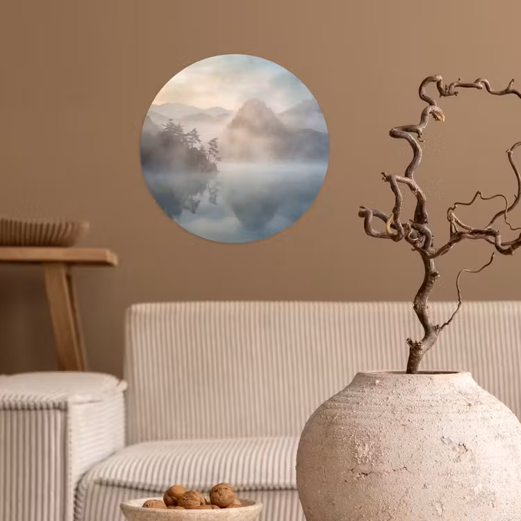 Landschap - Bergen - Mist - Water - Natuur Wandcirkel behangsticker klein -sfeer1