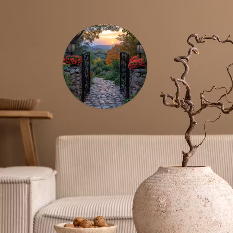 Landschap - Hek - Pad - Zonsondergang - Natuur Wandcirkel behangsticker klein -sfeer1