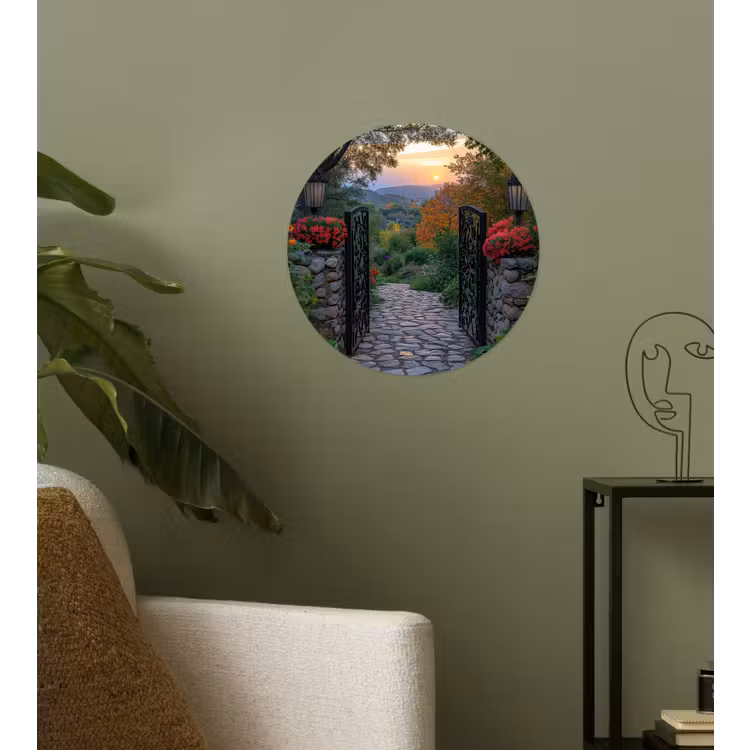 Landschap - Hek - Pad - Zonsondergang - Natuur Wandcirkel behangsticker klein -sfeer2