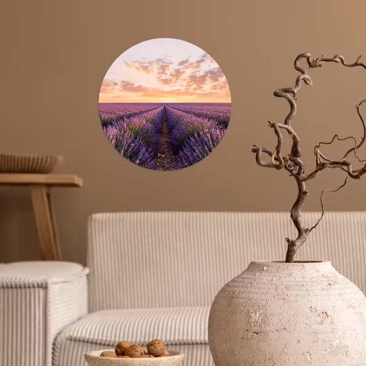 Landschap - Lavendelveld - Paars Wandcirkel behangsticker klein -sfeer1