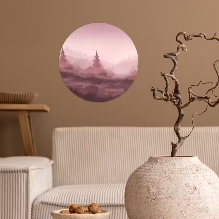 Landschap - Mistig - Roze Wandcirkel behangsticker klein -sfeer1
