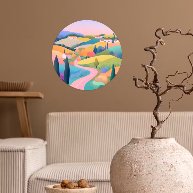 Landschap - Paars - Pastel - Huizen Wandcirkel behangsticker klein -sfeer1