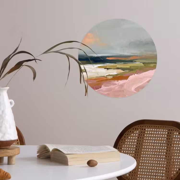 Landschap - Rivier - Abstract - Roze - Groen Wandcirkel behangsticker klein -sfeer3