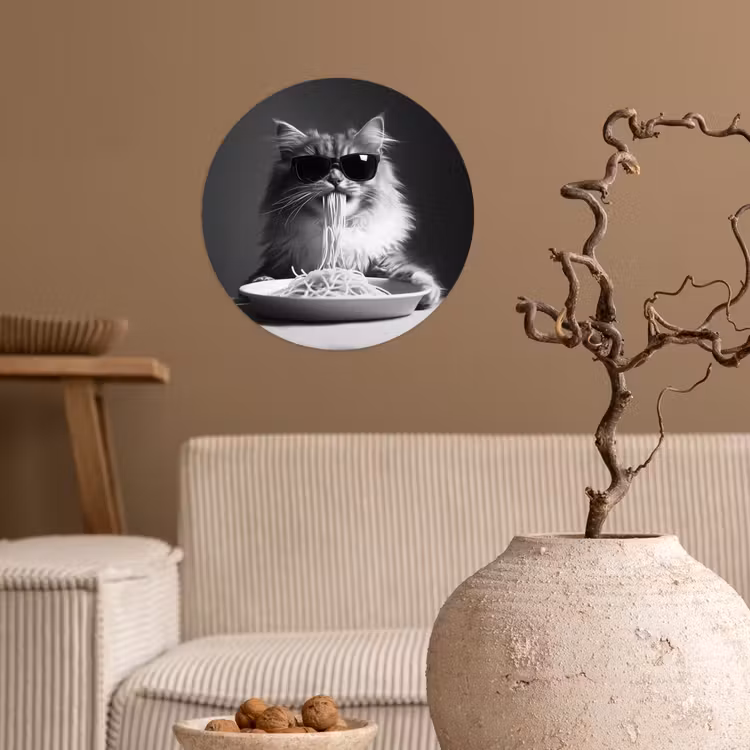 Langharige kat - Zonnebril - Spaghetti - Humor - Zwart - wit Wandcirkel behangsticker klein -sfeer1