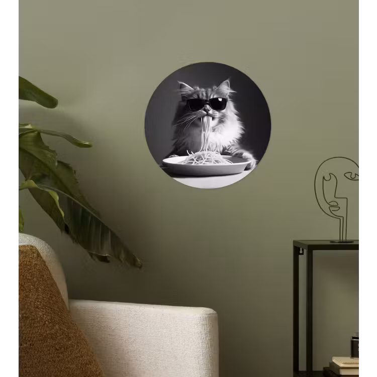 Langharige kat - Zonnebril - Spaghetti - Humor - Zwart - wit Wandcirkel behangsticker klein -sfeer2