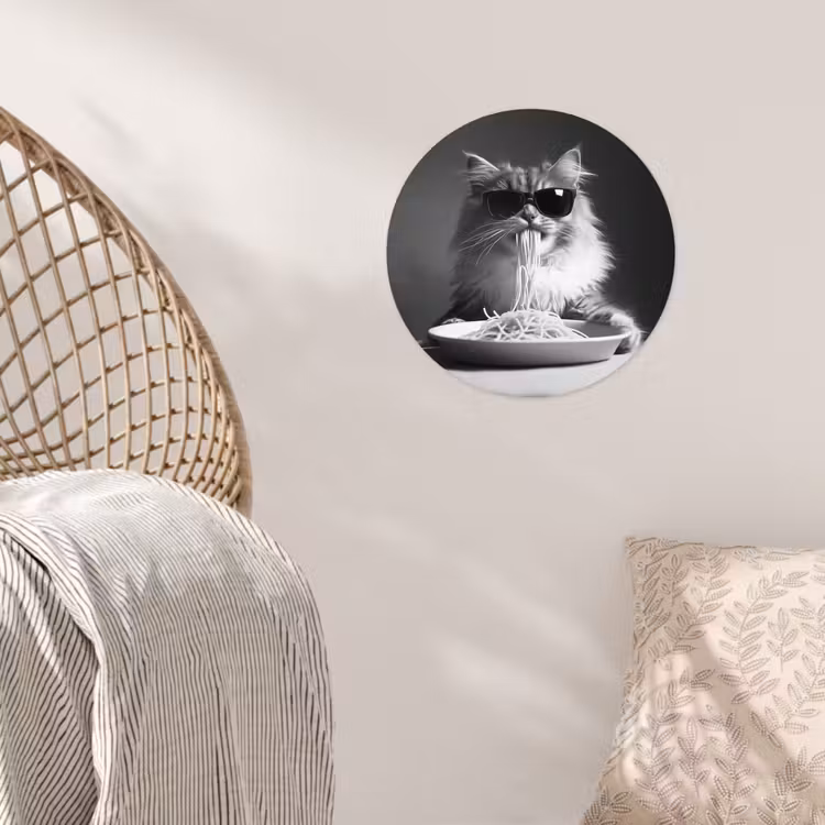 Langharige kat - Zonnebril - Spaghetti - Humor - Zwart - wit Wandcirkel behangsticker klein -sfeer4
