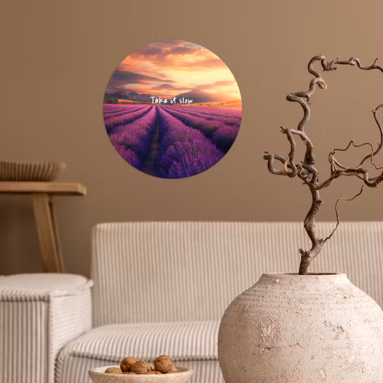 Lavendelveld - Quote - Zonsondergang Wandcirkel behangsticker klein -sfeer1