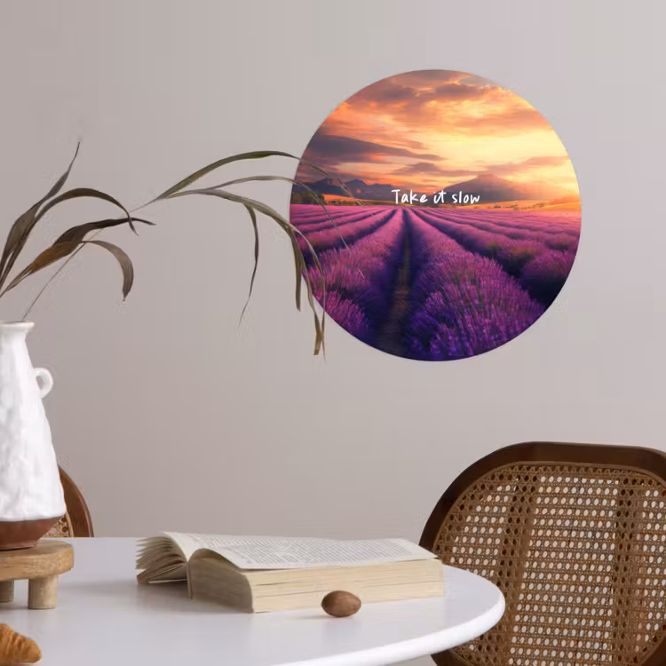 Lavendelveld - Quote - Zonsondergang Wandcirkel behangsticker klein -sfeer3