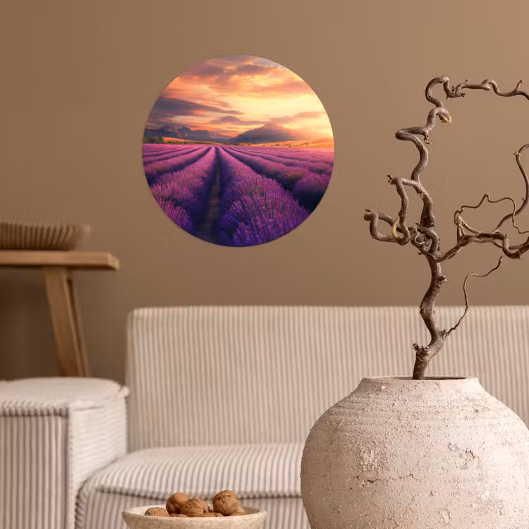 Lavendelveld - Zonsondergang - Paars Wandcirkel behangsticker klein -sfeer1