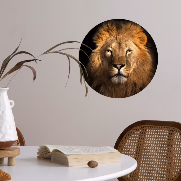 Leeuw - Dieren - Zwart - Licht - Bruin - Portret Wandcirkel behangsticker klein -sfeer3