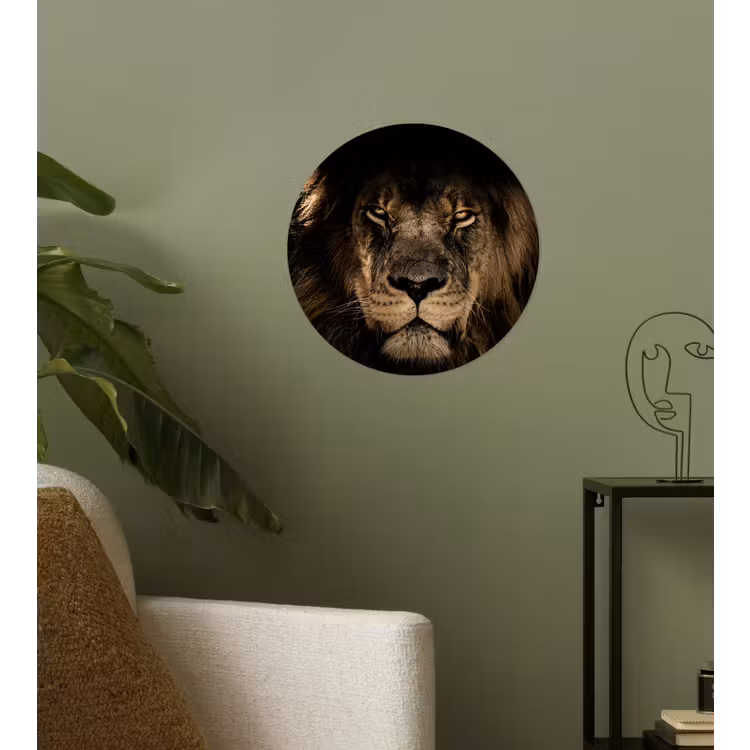 Leeuw - Dieren - Zwart - Portret Wandcirkel behangsticker klein -sfeer2