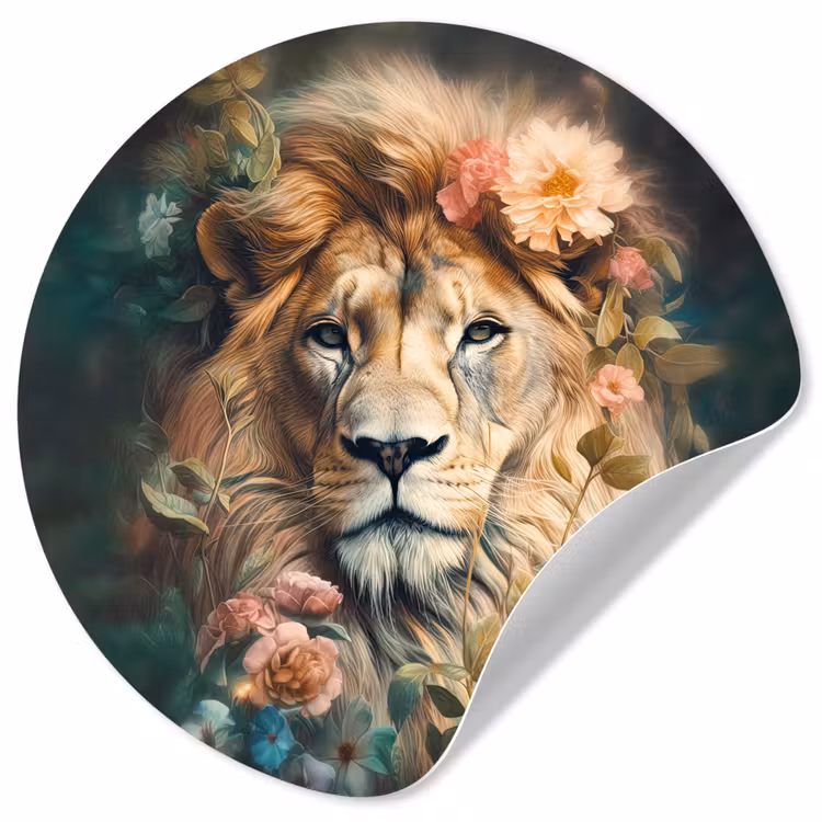 Leeuw - Leeuwenkop - Wilde dieren - Bloemen Wandcirkel behangsticker klein -3d