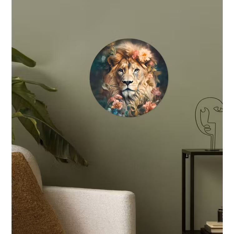 Leeuw - Leeuwenkop - Wilde dieren - Bloemen Wandcirkel behangsticker klein -sfeer2