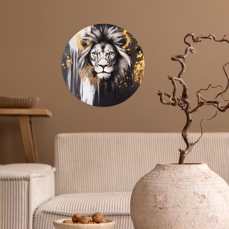 Leeuw - Portret - Verfspatten - Grijs Wandcirkel behangsticker klein -sfeer1