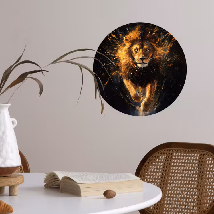Leeuw - Zwart - Oranje - Verf Wandcirkel behangsticker klein -sfeer3